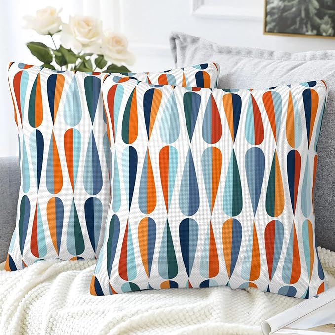 Mid-Century Drop Shapes Throw Pillow Cover Case Modern Retro Style Throw Pillows Set of 2 Super Soft Pillow Covers 18x18 Inches Farmhouse Home Decor for Living Room Bedroom Sofa Couch Cushion Cover