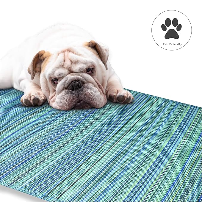 Fab Habitat Outdoor Rug - Waterproof, Fade Resistant, Crease-Free - Premium Recycled Plastic - Striped - Large Patio, Deck, Sunroom, Camping, RV - Cancun - Turquoise & Moss Green - 8 x 8 ft