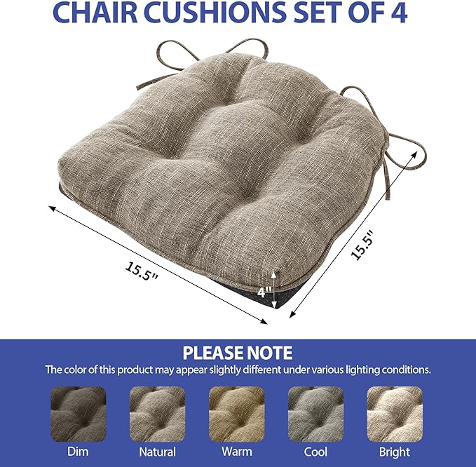 Chair Cushions for Dining Chairs Set of 4, Kitchen Chair Cushions, Chair Pads with Ties and Non Slip Backing, Tufted Memory Foam Seat Cushion 4 Pack, 15.5" x 15.5" x 4", Khaki