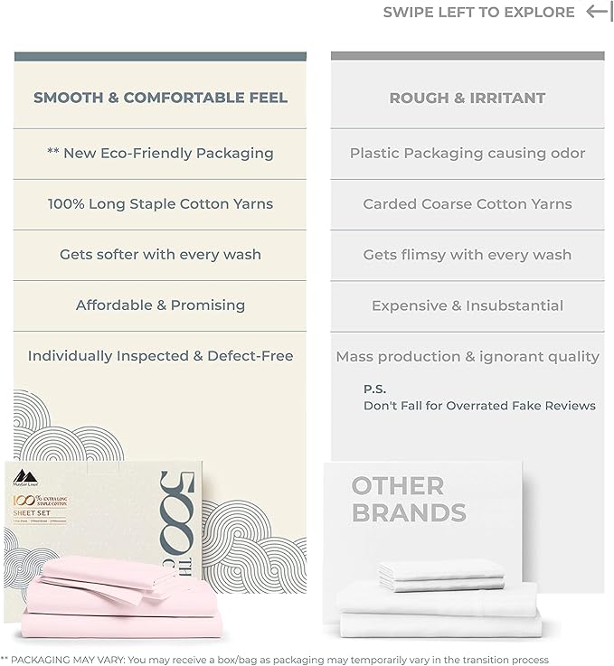 Mayfair Linen 500 Thread Count California King Cotton Sheets - 4 PC Cal King Size Bed Sheet Set Cotton (Blush), Cooling, Sateen Weave 16" Deep Pocket Bedsheet for Hot Sleepers (Fits 18" Mattress)