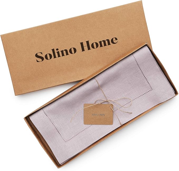 Solino Home Linen Lilac Table Runner 90 Inches Long - 100% Pure Linen Hemstitch 14 x 90 Inch Table Runner for Dining, Christmas, New Year - Classic Hemstitch