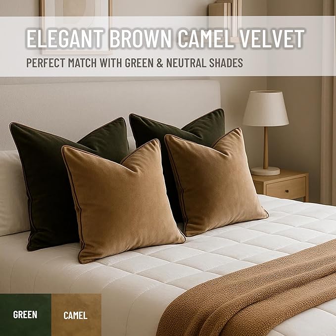 2 Pack Velvet Decorative Throw Pillow Covers, 18"x18", Camel and Brown, Solid, Modern, Contrast Piping, Indoor Use, Bedroom & Living Room