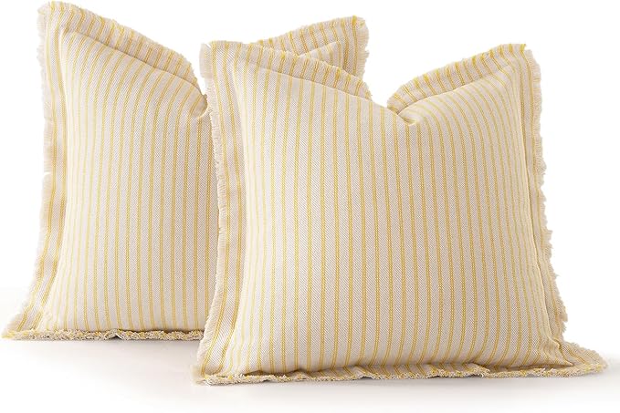 MIULEE Pack of 2 Yellow Pillow Covers 26x26 Inch Striped Farmhouse Couch Throw Pillow Covers with Fringe Chic Cotton Decorative Cushion Covers for Summer Sofa Living Room Bed Outdoor Home Decor
