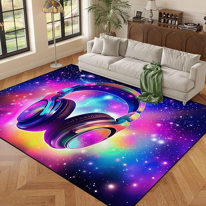 5' X 7' Galaxy Game Area Rug Music Headphone Rugs Colorful Throw Rug Non-Slip Carpet Doormats for Living Room Bedroom Apartment Dorm Floor Mat
