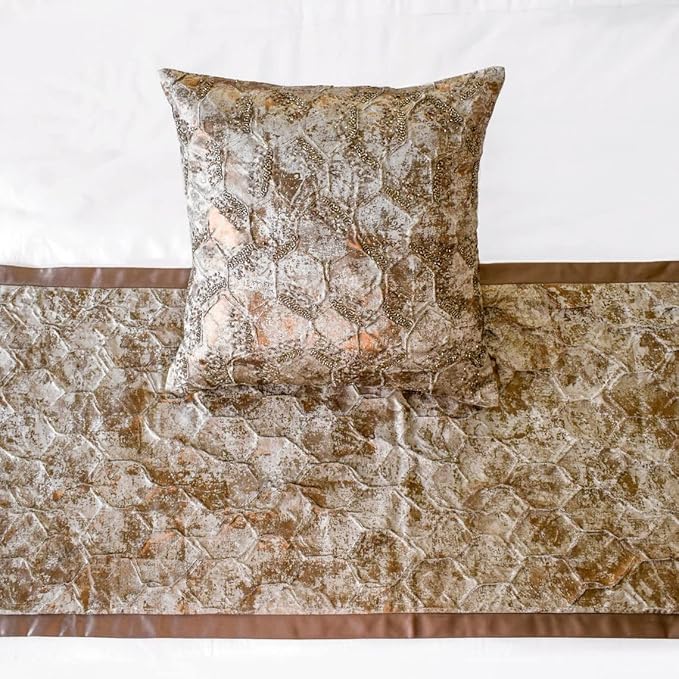 The HomeCentric King/Queen/Twin Copper Decorative Full 68"x18" Bed Runner Without Pillow Cover, Beaded & Foil Bed Scarf on Silk Fabric - Aranka