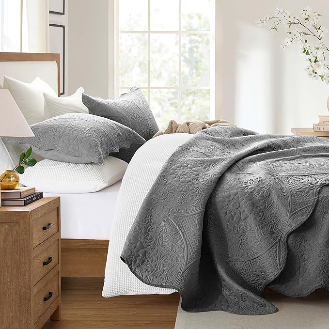 IR Imperial Rooms 10 Pack Queen Quilt Bedding Set (90" x 96") - Bulk Wholesale for Hotels, Guest Bedroom & Airbnbs - Lightweight Microfiber Reversible Floral Embossed Quilts Bedspreads (Grey)