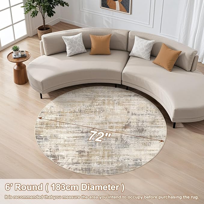 6ft Round Area Rug for Living Room: 6x6 Washable Neutral Abstract Modern Soft Rugs Non Slip Indoor Floor Stain Resistant Carpet for Bedroom Dining Room Office Nursery - Golden Brown