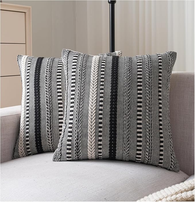 Boho Throw Pillow Covers 22x22 Inch Set of 2, Farmhouse Decorative Couch Pillow Cases, Black Accent Pillows of Bed, Sofa Bedroom Living Room Home Decor Cushion Cover