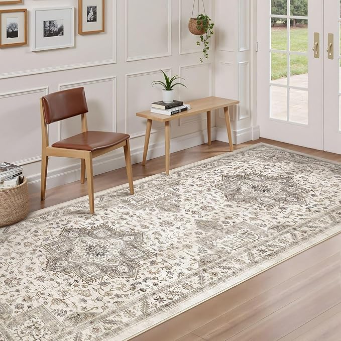 Vintage Hallway Runner Rug 3x8: Large Soft Washable Entryway for Kitchen Laundry Room Non-Slip Backing Runner for Entrance Living Room Bedroom Bathroom - Light Brown