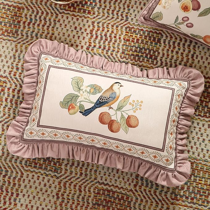 Rectangle Pink Farmhouse Throw Pillow Covers Pack of 2,Birds and Flowers Pattern Cozy Velvet Pillowcases,Decor Lumbar Pillows Cushion Covers for Couch Sofa Bed Car Chair,12"x20"