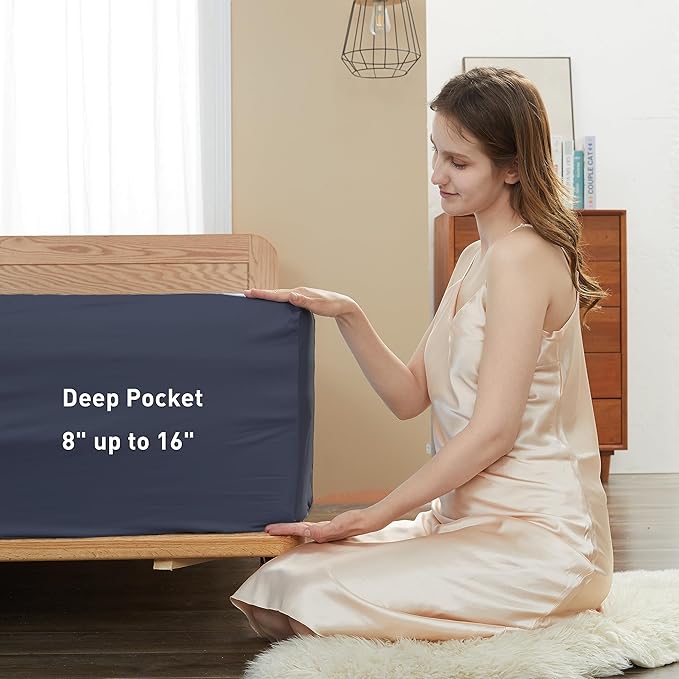 Sunflower Queen Fitted Sheet, 1-Piece Deep Pocket Fitted Bottom Sheet 16", 100% Cotton Sateen Soft Breathable, Blue Indigo