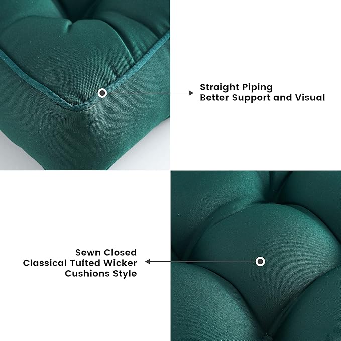 ARTPLAN Outdoor Seat Cushion,Square Thick Tufted Chair Cushion for Patio Wicker Chair with Tie,Set of 2,19"x19"x5",Invisible Green