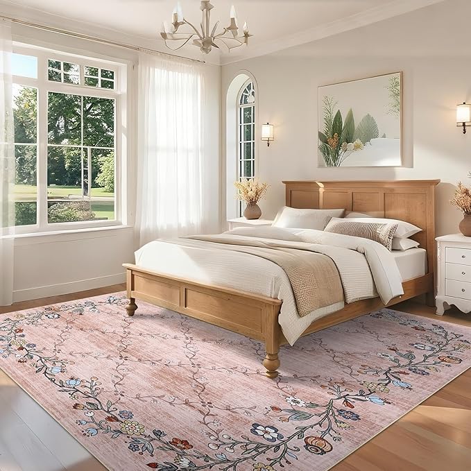GarveeHome 9x12 Washable Floral Area Rugs for Living Room: Modern Floral Non Slip Large Area Rugs for Bedroom, Large Machine Washable Living Room Low Pile Carpet with Non-Slip Backing Pink 9'x12'.