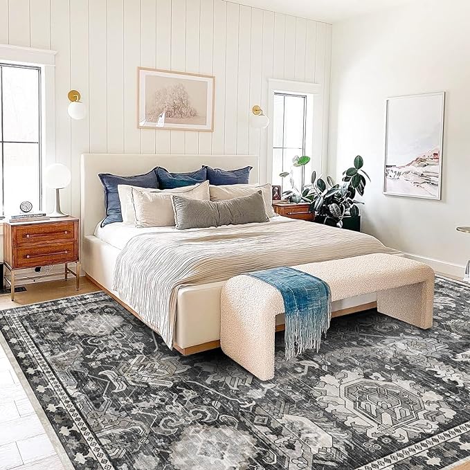 RUGSURE Washable Area Rugs - Perfect for Living Room, Bedroom, Kids Room, Nursery - Stain & Water Resistant Non-Slip, Pet & Child Friendly, Vintage Tribal Area Rugs (Grey, 6' x 9')