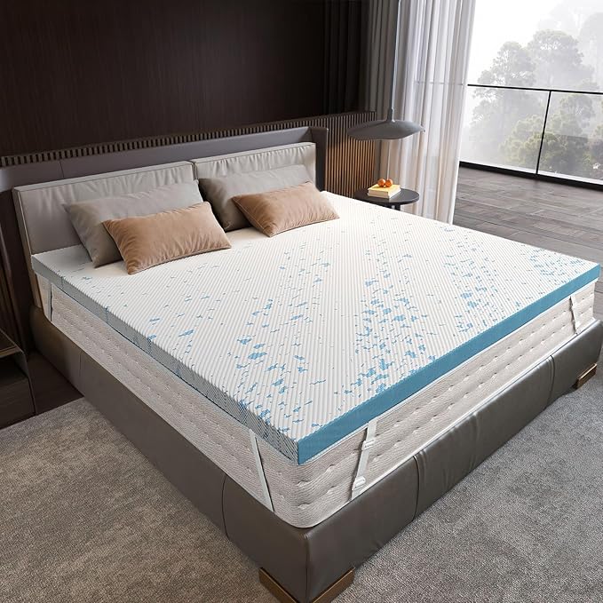 OhGeni 3 Inch Cooling King Size Gel Memory Foam Mattress Topper Pad, Medium Washable Bed Cover with Anti-Slip Base & Zipper,Fits 6"-19" Mattresses with Straps,Extra Comfort for Sleep &Back Pain Relief