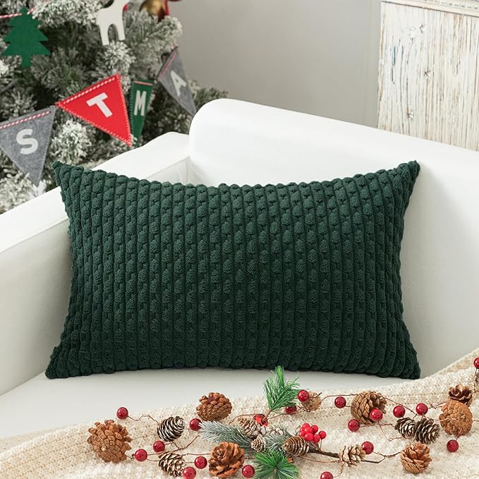 Kevin Textile 14x24 Inch Pillow Cover 1 Pack Boho Christmas Decorative Soft Striped Corduroy Lumbar Farmhouse Color Accent Rectangle Cushion Case for Living Room Couch Sofa Bed, Army Green
