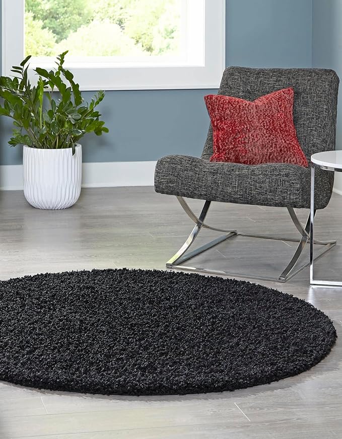 Unique Loom Solid Shag Collection Area Rug (3' 3" Round, Jet Black)