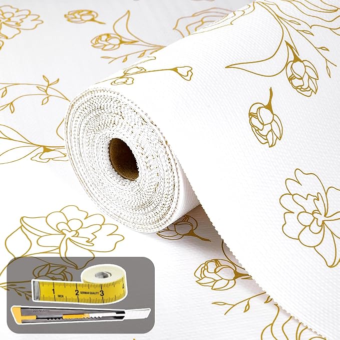 Shelf Liners for Kitchen Cabinets 12in x 10FT Non Adhesive Drawer Liner Gold Floral Thickened Shelf Liner Paper Strong Non-Slip Easy to Clean for Tool Box Refrigerator with Knife and Tape Measure