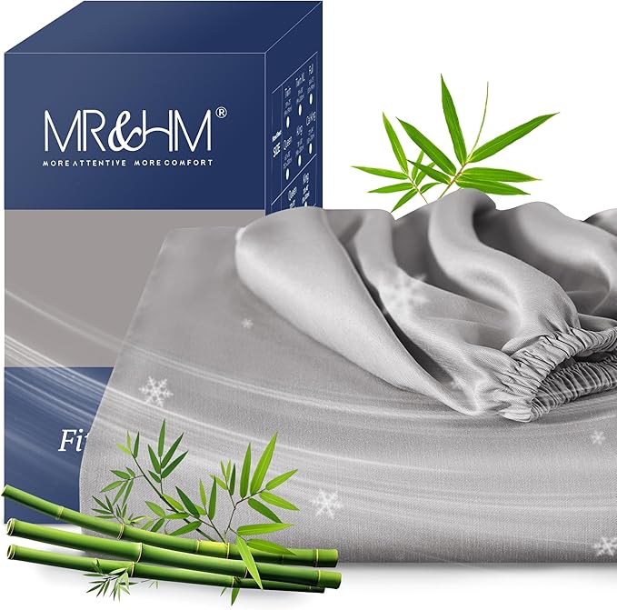 MR&HM Queen Fitted Sheet Only, Ultra-Soft Rayon Derived from Bamboo & Polyester Blend, Silky & Breathable, 15" Deep Pocket with Elastic Straps, Cooling Fitted Sheet for Hot Sleepers, Silver Grey