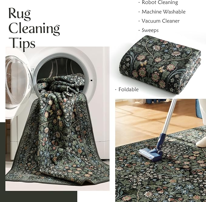 MUJOO Washable Runner Rug,Floral 2x6 Runners for Hallway Kitchen Bedroom Bedside Bathroom Laundry Room,Long Non Slip Throw Carpet Boho Indoor Botanical Vintage Ultra-Thin Black and Green