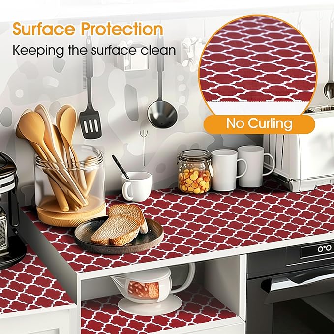 Shelf and Drawer Liner for Kitchen Cabinets Non-Adhesive, Strong Grip Non-Slip Thickened Cabinet Liners for Shelves, Waterproof Mats for Dresser Cupboard, Red/White, 17 in x 30 Feet