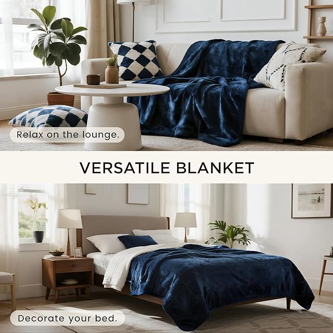 gogobunny Waterproof Bed Blanket, Reversible Sherpa Fleece Throw Blanket for Dog Puppy Cat, Furniture Cover Protects Bed Couch Sofa from Liquid Pee and Pet Fur (Navy Blue, 90x90 inches)