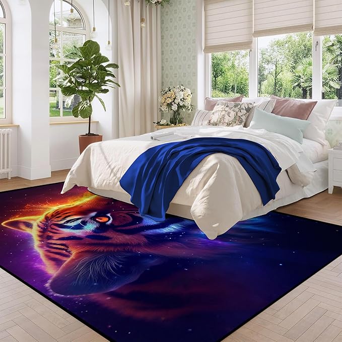 6' x 9' Galaxy Tiger Rug Large 3D Fierce Tigers Space Area Rugs for Bedroom Living Room Playroom Gameroom Boys Kids Fire Glitter Carpet Throw Rugs Floor Mat,180 X 275cm