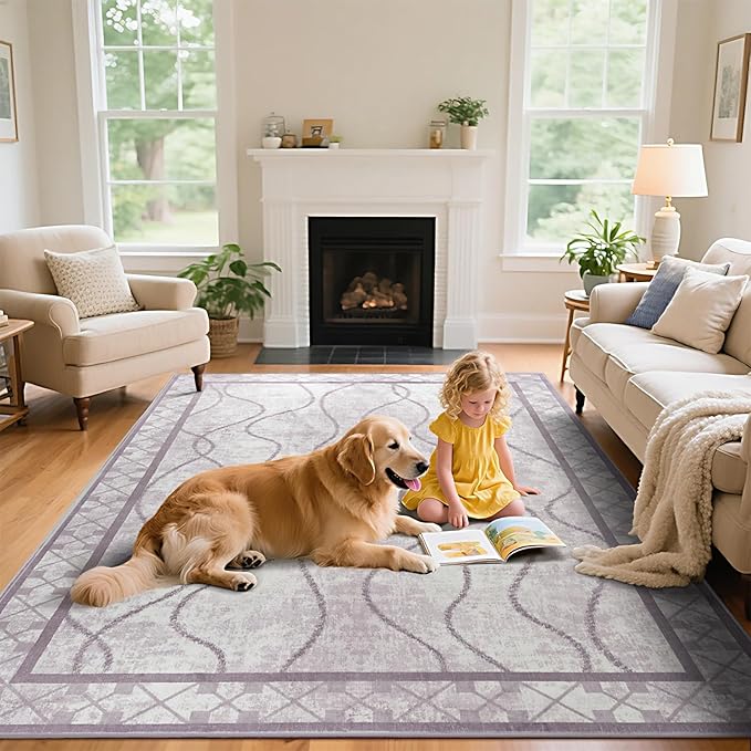 5x7 Area Rugs for Living Room, Machine Washable Rugs, Non-Slip Backing Low Pile Indoor Floor Rugs, Large Modern Carpet for Bedroom Entryway Classroom Playroom Dining Room Home Decor, Purple