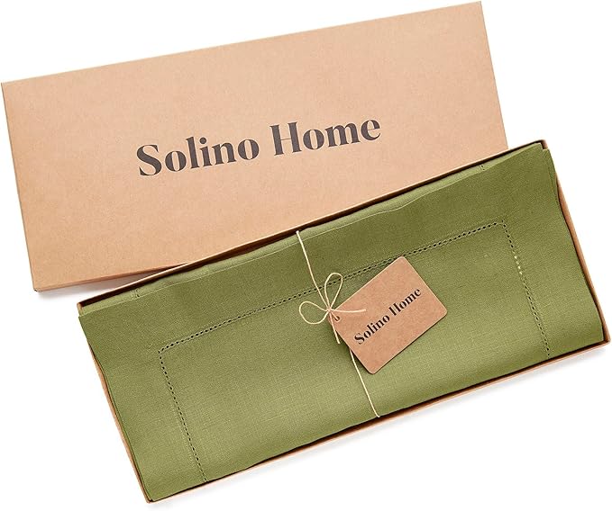 Solino Home Linen Hemstitch Table Runner 108 Inches Long - 100% Pure Linen Avocado Green Table Runner 14 x 108 Inch - Classic Hemstitch