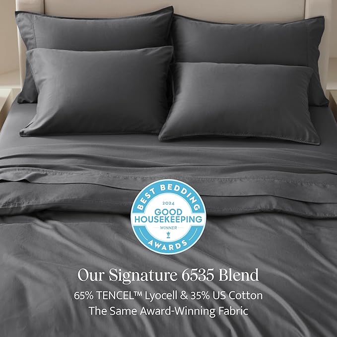 Double Stitch Cotton Tencel Duvet Cover - Queen Size Comforter Cover, Luxury & Soft Eucalyptus Lyocell Bedding Set for Hot Sleepers, Cooling, Smooth & Breathable, Button Closure, Ash Black, 90"x90"