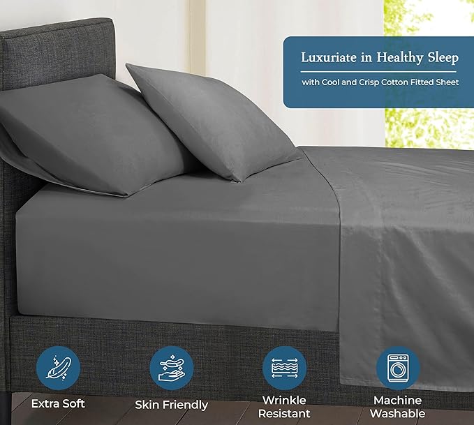 Royale Linens 400 Thread Count 100% American Grown Cotton Fitted Sheet Full Size - All Around Elastic Fitted Sheets - Luxury Sateen Weave - Snug Fit Bottom Sheet Fit Up to 16 Inch (Full,Spanish Slate)