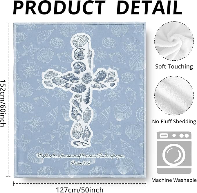 Blue Christian Blanket, Beach Seashell Cross Bible Verse Throw Blankets for Home Bedroom Living Room Couch Bed Decor, Religious Scripture Blanket, Christian Gifts for Women Men, 50x60 Inch