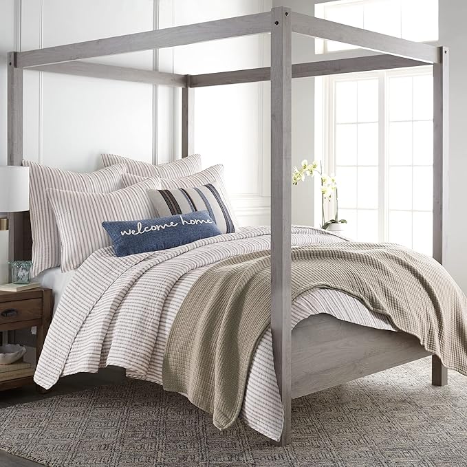 Levtex Home Tobago Stripe Taupe Reversible Twin XL/Twin Quilt Set (68x86in) with 1 Pillow Sham (26x20in) - Striped - Taupe, White - Cotton Twin Size Quilt Bedding Set - Lightweight, Soft, Pre-Washed