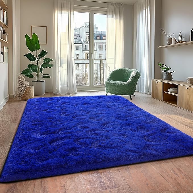 Extra Large 10x14ft Fuzzy Rug Blue Fluffy Rug for Living Room, Big Plush Non-Skid Shag Carpet, Soft Shaggy Rugs for Bedroom Indoor Modern Home Decor