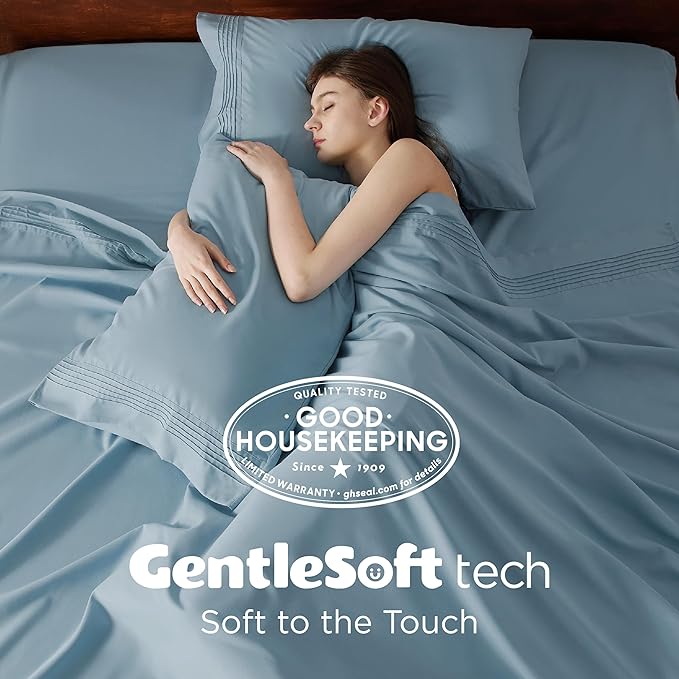 Bedsure Twin XL Sheets Dorm Bedding, GentleSoft Breathable Extra Long Twin Sheets & Pillowcases, Moisture Wicking Cooling, Deep Pocket Fits Mattress Up to 21 Inches Thick, Mineral Blue