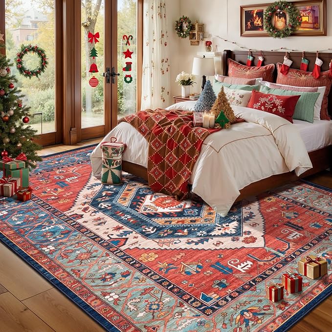 SERISSA Washable Rugs 6x9 Area Rugs, Large Non-Slip Boho Living Room Rust Rug, Ultra Soft Vintage Print Distressed Oriental Tribal Farmhouse Carpet for Dining Room Bedroom Dorm Office Home Decor