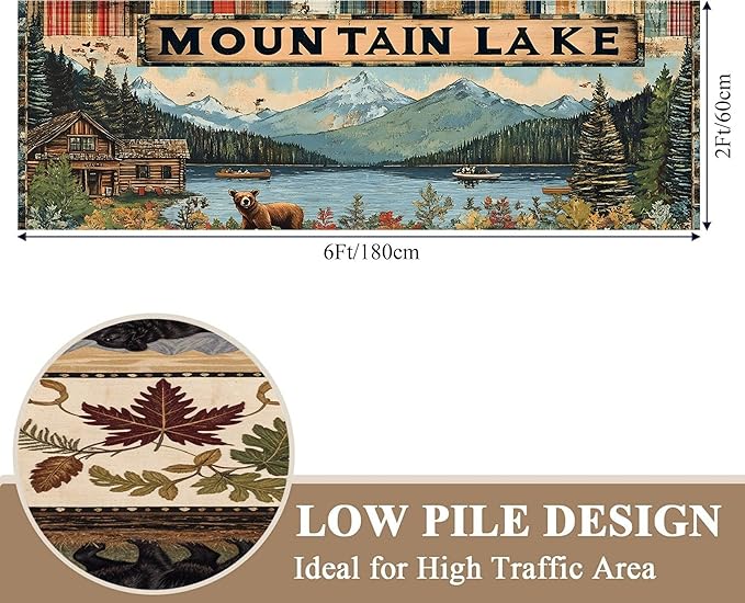 Colorful Oil Painting Bear Rug 2x6ft with Mountain Cabin - Bohemian Non-Slip Rug for Living Room, Washable Foldable Carpet, Forest River Landscape Decor