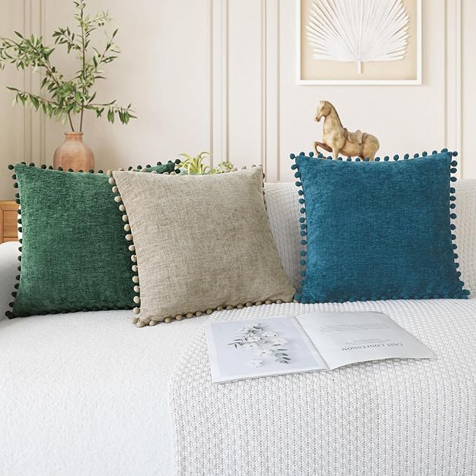 CaliTime Christmas Throw Pillow Covers Decorative 20 X 12 Inches Pack of 2 Cozy Solid Dyed Soft Chenille Cushion Cases with Pom Poms for Couch Sofa Bed Living Room Home Dark Green