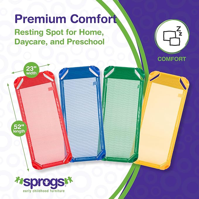 Sprogs Heavy-Duty Stackable Standard Size 52"L Daycare Cots for Kids and Toddlers, Stacking Preschool Classroom Kids Cots for Sleeping, Resting, Naptime, Pack of 4, Assorted Color