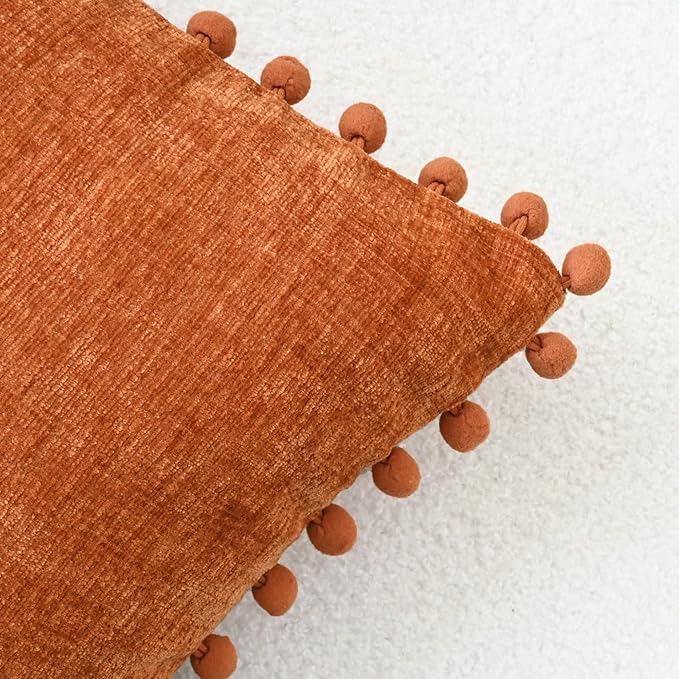 CaliTime Fall Throw Pillow Covers Decorative 22 X 22 Inches Pack of 2 Cozy Solid Dyed Soft Chenille Cushion Cases with Pom Poms for Couch Sofa Bed Living Room Home Burnt Orange
