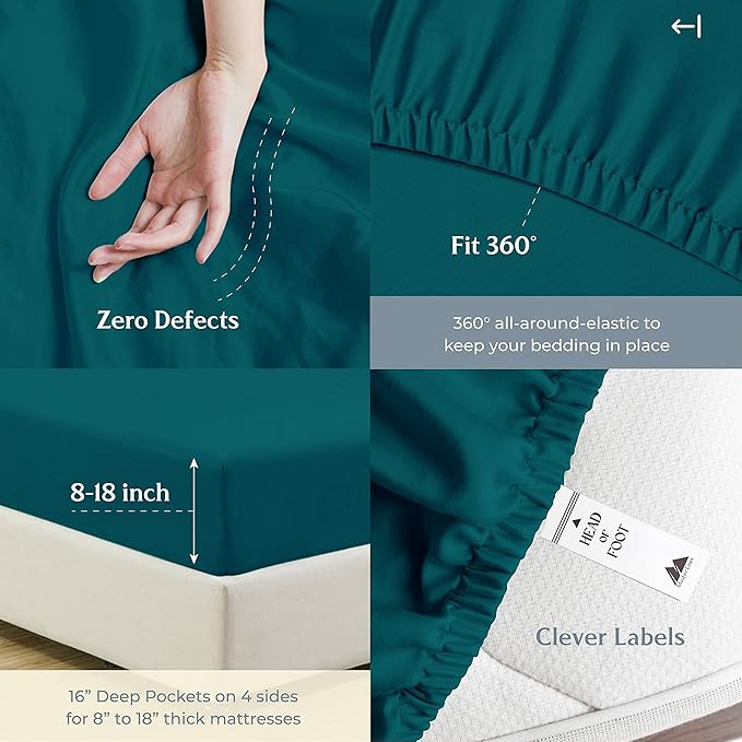Mayfair Linen 100% Cotton Bed Sheets Queen Set - 500 Thread Count Cotton Sheets for Queen Size Bed, 4 PC Set (Teal), Ultra Soft, Cooling, Sateen Weave 16" Deep Pocket Bedsheet for Hot Sleepers