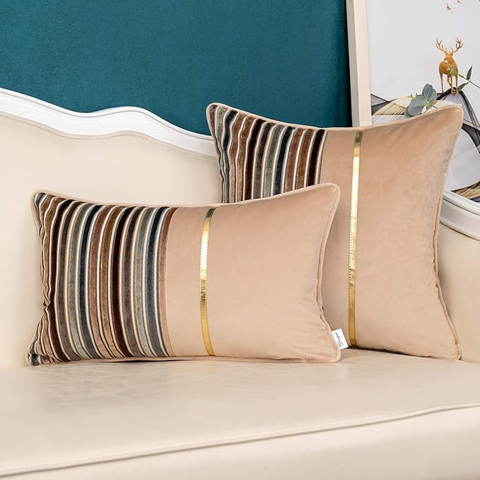Yangest Brown Striped Patchwork Throw Pillow Cover Gold Leather Cushion Cover Zippered Pillowcase for Sofa Couch Bedroom Living Room Home Decoration,18x18 Inch