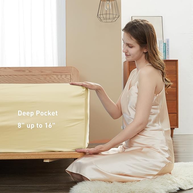 Sunflower King Fitted Sheet, 1-Piece Deep Pocket Fitted Bottom Sheet 16", 100% Cotton Sateen Soft Breathable, Butter Cream