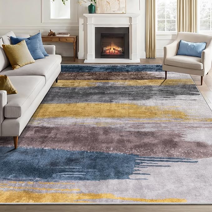 Ciicool Modern Abstract Yellow Grey Rug for Living Room, 9'x12' Machine Washable Area Rug Non-Slip Rug, Low-Pile Contemporary Indoor Dining Floor Carpet for Bedroom Office Under Table Home Decor