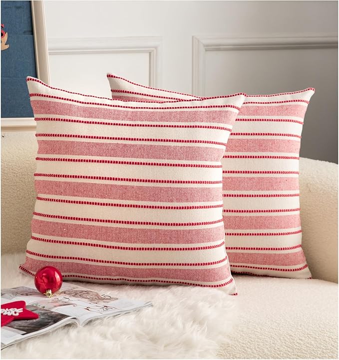 Christmas Pillow Covers, Boho Textured Red Pillow Case, Pillow Covers 20 x 20 Inch Set of 2 Christmas Decorative, Chair Sofa Bedroom Living Room Home Holiday Decor Cushion Case