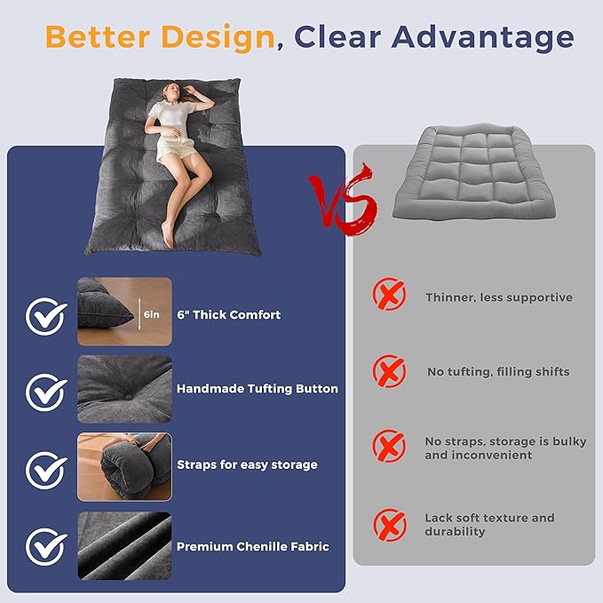 MAXYOYO Japanese Floor Mattress Queen Size, 6" Foldable Futon Mattress Tufted Roll Up Floor Bed, Thick Chenille Tatami Mat Sleeping Pad for Camping Guest Room Dormitory Bedroom RV, Dark Grey