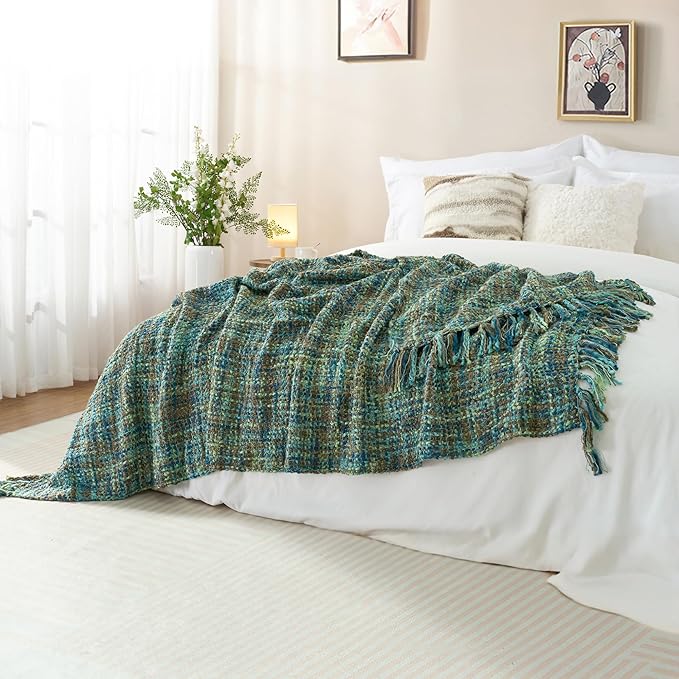 Multi-Color Green Cable Knitted Throw Blanket for Couch,60"X80" Boho Style Textured Blankets for Home Decor,Super Soft Warm Cozy Chunky Knit Blanket with Decorative Tassels for Bed and Sofa
