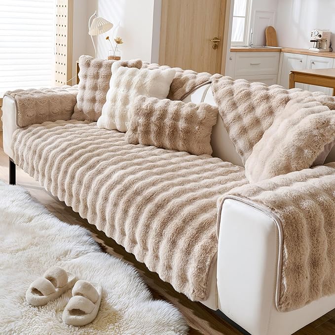 Faux Fur Armrest Cover Backrest Cover Fuzzy Plush Thick Bubble Sofa Cover Luxury Soft Cozy Couch Cover Anti-Slip Sofa Slipcover Washable Furniture Protector (Khaki,28"x28")