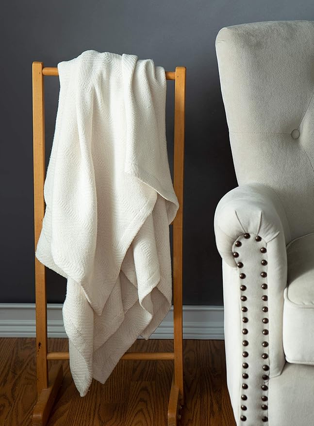 Sticky Toffee Cotton Throw Blanket, 60 x 50 Inch, Ivory Cream Herringbone Weave, Soft Lightweight Woven Blanket for Couch, Boho Farmhouse Style