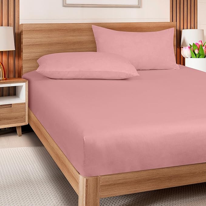 ROYALE LINENS 300 Thread Count 100% Long Staple Combed Cotton Fitted Sheet Twin XL - Super Soft Deep Pocket Bottom Sheet - Fitted Sheets Only - Elastic Sheets (Twin XL, Pink)